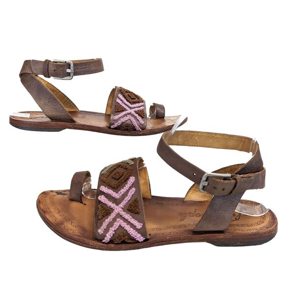 Free People Torrence Brown Mauve Leather Sandals Loop Ankle Strap Embroidery 10 - Picture 1 of 12